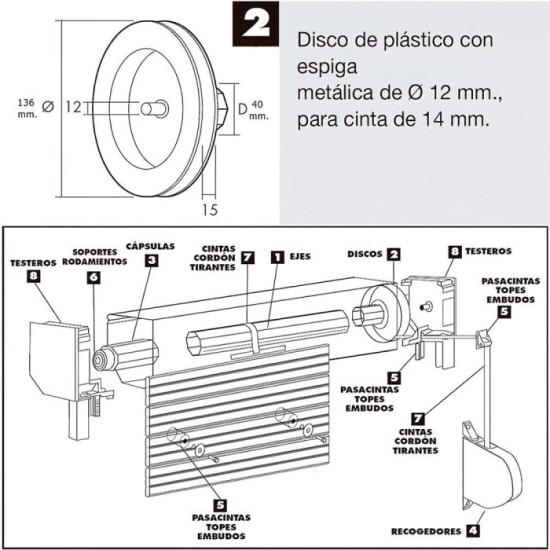 Disco Persiana Plastico Espiga Metalica 136x40 mm, Cinta 14 mm, al por Mayor | Almacén de Ferretería