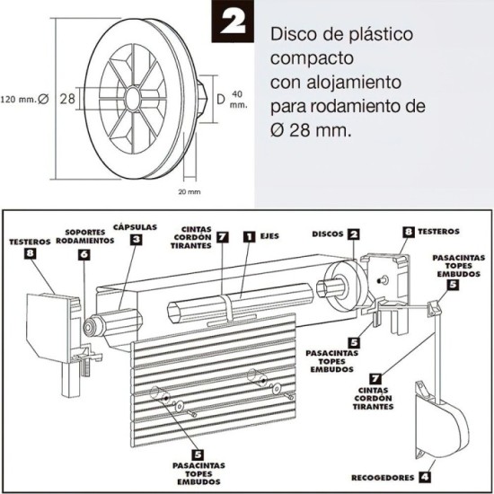 Disco Plastico Compacto Para Persianas, Rodamieto 120x40 mm, Para cintas hasta 20 mm, al por Mayor | Almacén de Ferretería