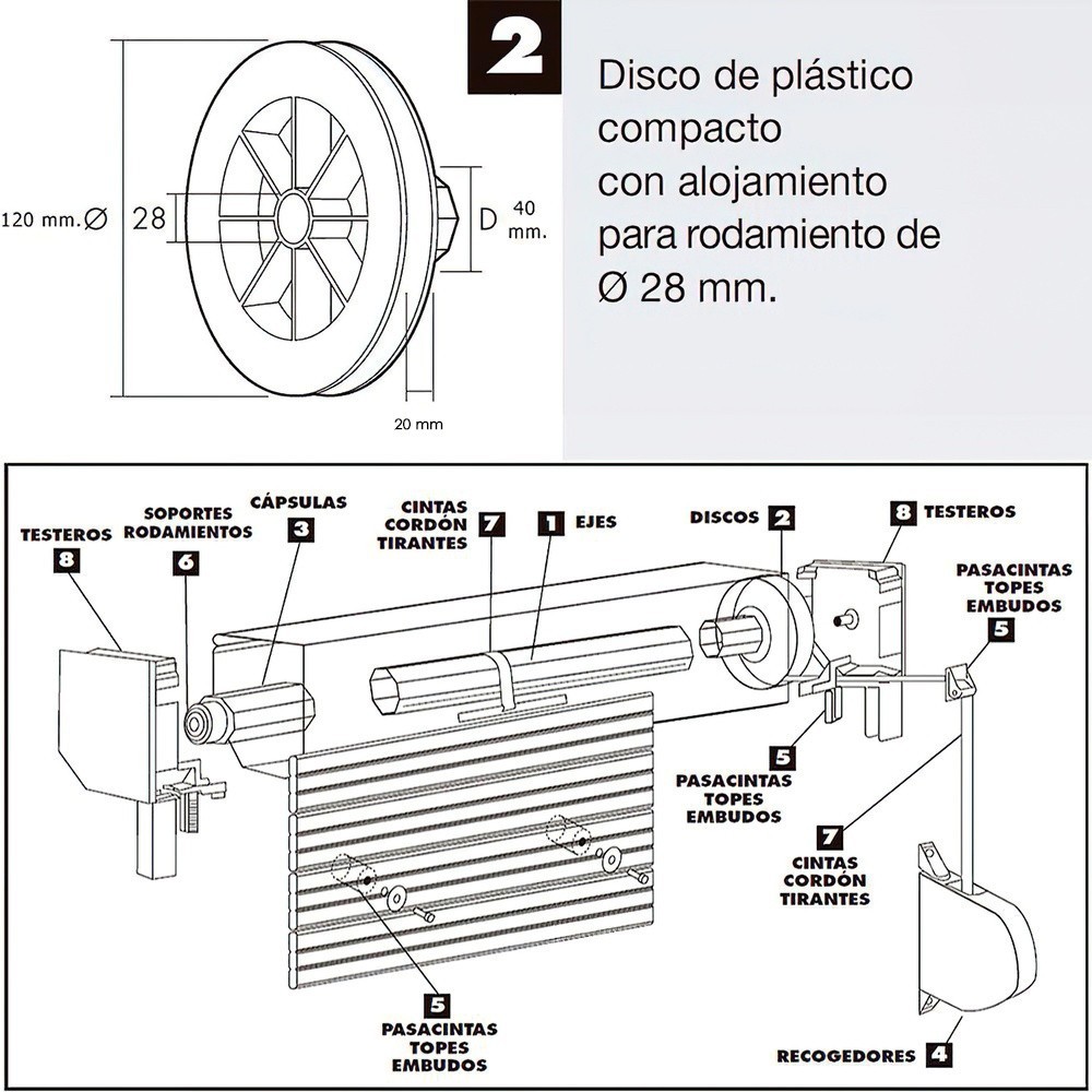Disco Plastico Compacto Para Persianas, Rodamieto 120x40 mm, Para cintas hasta 20 mm, al por Mayor | Almacén de Ferretería