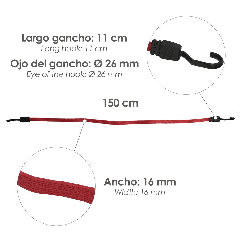 Pulpo De Goma Plano Reforzado 1,5 metro (2 unidades) 100% Latex, Capacidad Amarre 200 Newtons Gomas Elasticas, Cuerda Elastica, 
