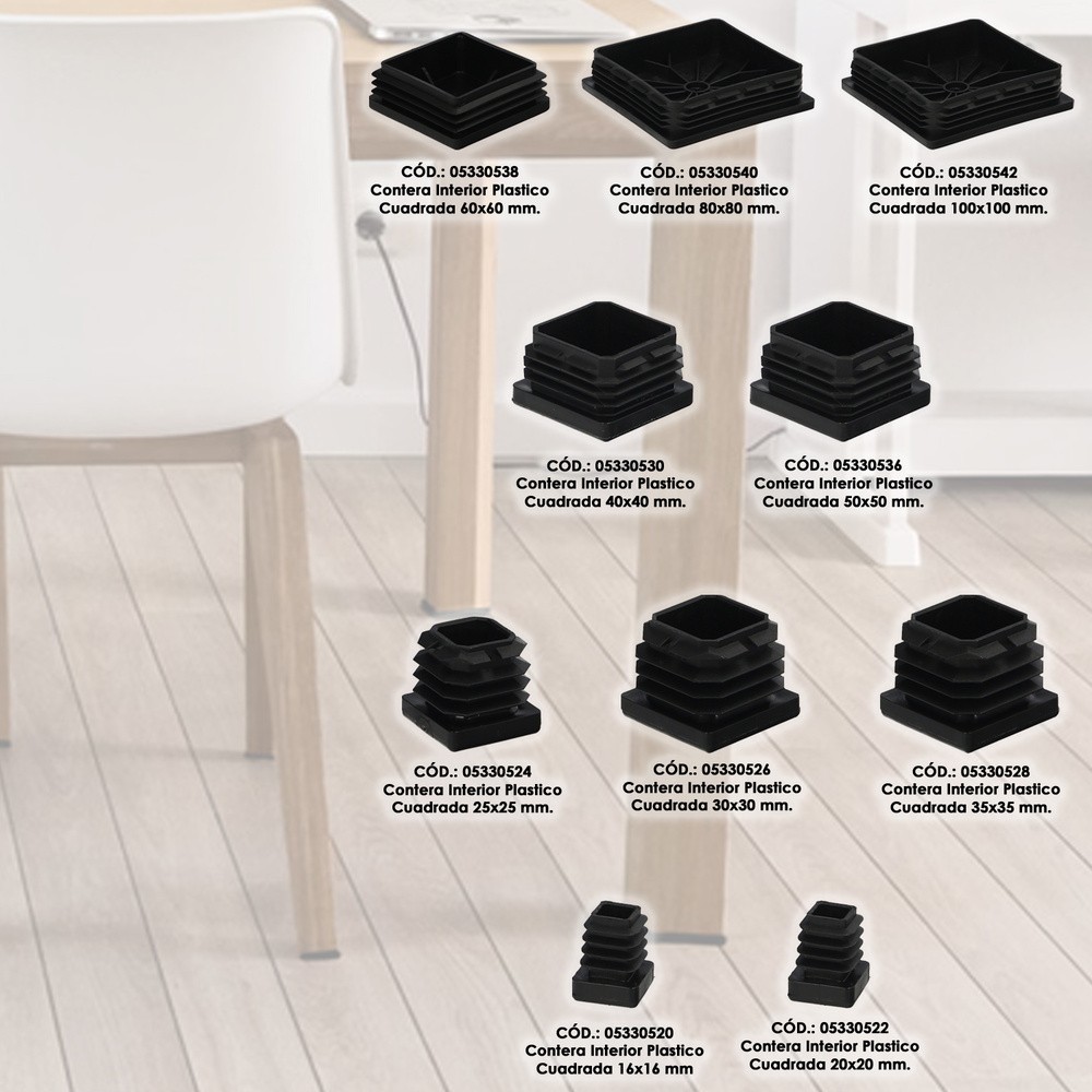 Contera Interior Plastico Cuadrada 100x100 mm, Color Negro, Bolsa 25 Unidades, Contera Mesa, Silla, Muebles, Estanteria al por M