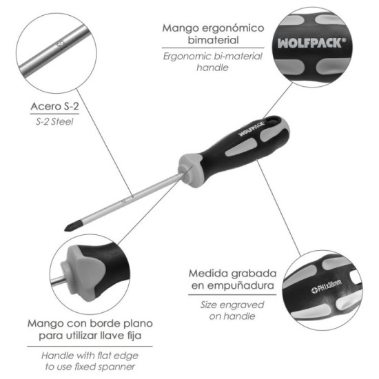 Destornillador Phillips Acero S2 Mango TPR Bimaterial, Medida PH 1 x Ø 5,0 x 38 mm, DIN5262, al por Mayor | Almacén de Ferreterí