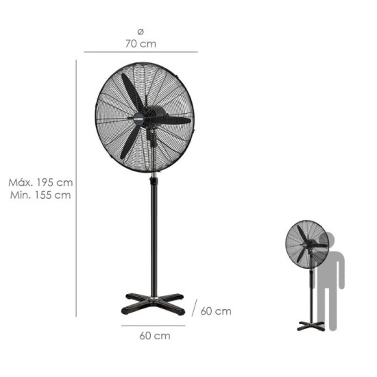 Ventilador Pie Ø 70 x195 cm, Negro 190 W, Oscilación Automatica, Altura Regulable, Cabezal Inclinable, Base Estable 60x60 cm, al