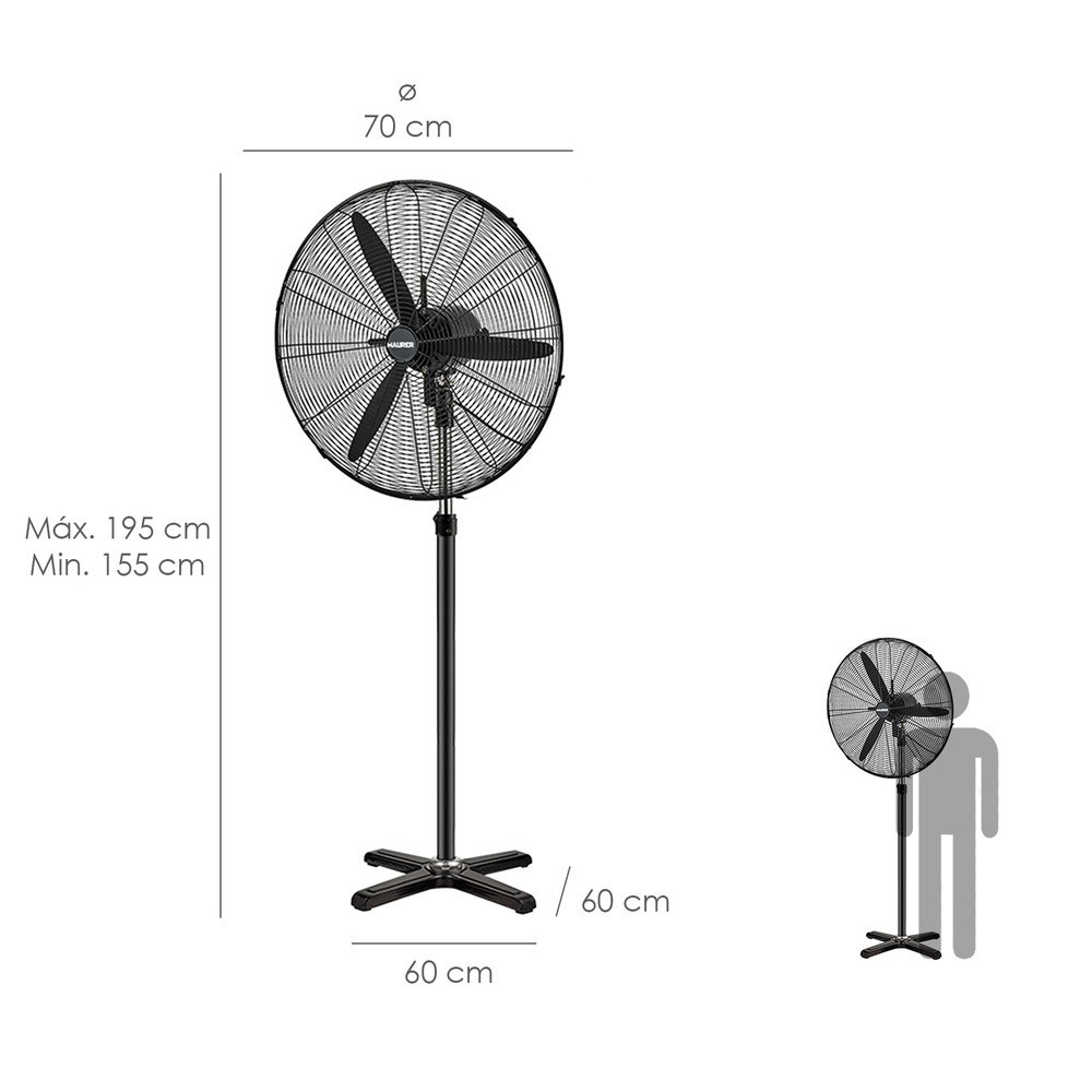 Ventilador Pie Ø 70 x195 cm, Negro 190 W, Oscilación Automatica, Altura Regulable, Cabezal Inclinable, Base Estable 60x60 cm, al
