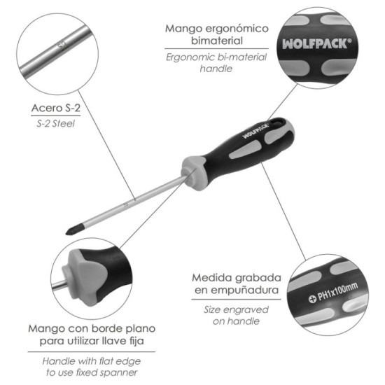 Destornillador Phillips Acero S2 Mango TPR Bimaterial, Medida PH 1 x Ø 5,0 x 100 mm,  DIN5262, al por Mayor | Almacén de Ferrete