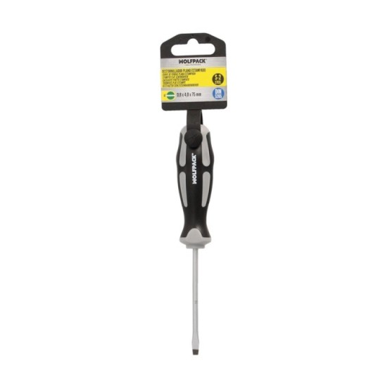 Destornillador Plano Estampado Acero S2 Mango TPR Bimaterial, Medida 0,8 x Ø 4,0 x 75 mm, DIN5265 al por Mayor | Almacén de Ferr