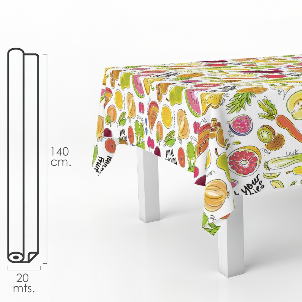 Mantel Hule Rectangular Frutas Fantasia, Impermeable Antimanchas PVC 140 cm, x 20 metros, Rollo Recortable, Interior y Exterior 