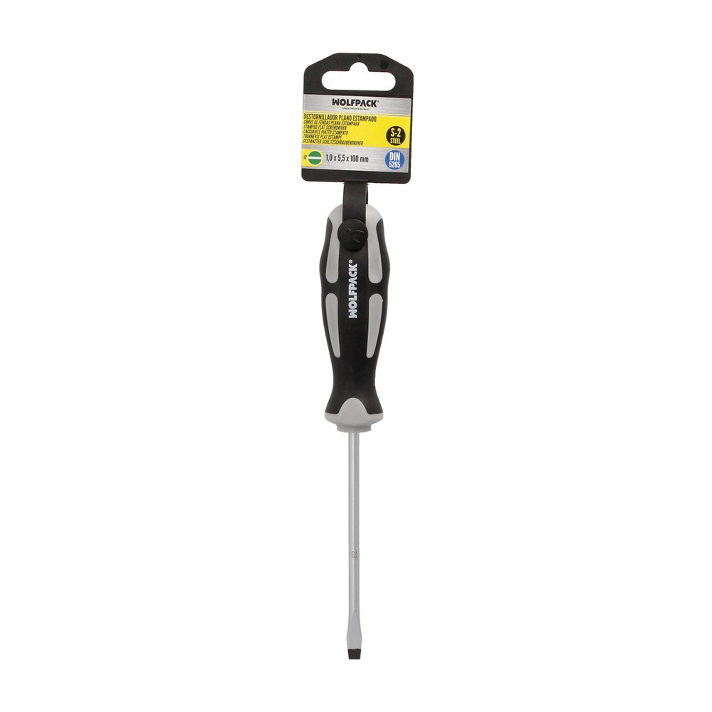 Destornillador Plano Estampado Acero S2 Mango TPR Bimaterial, Medida 1,0 x Ø 5,5 x 100 mm,  DIN5265 al por Mayor | Almacén de Fe