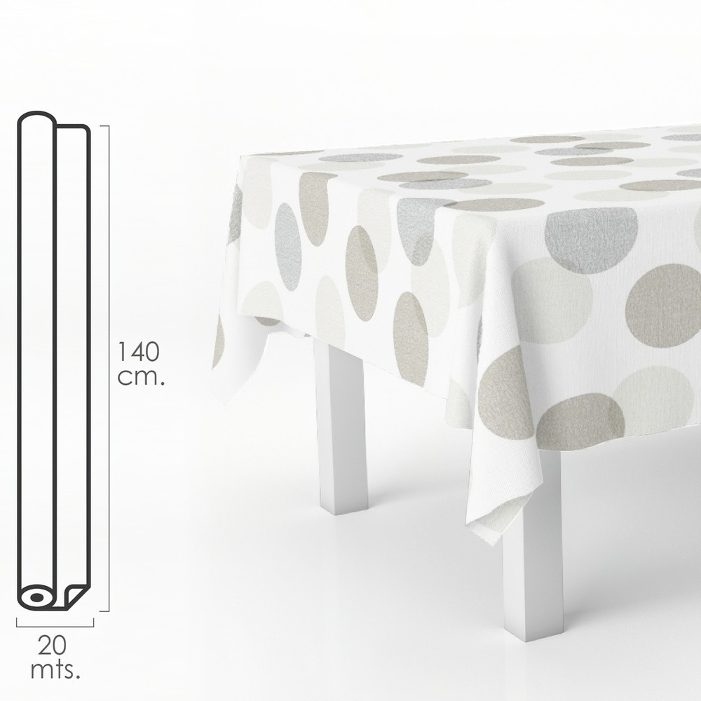 Mantel Hule Rectangular Circulos Beis, Impermeable Antimanchas PVC 140 cm, x 20 metros, Rollo Recortable, Interior y Exterior al