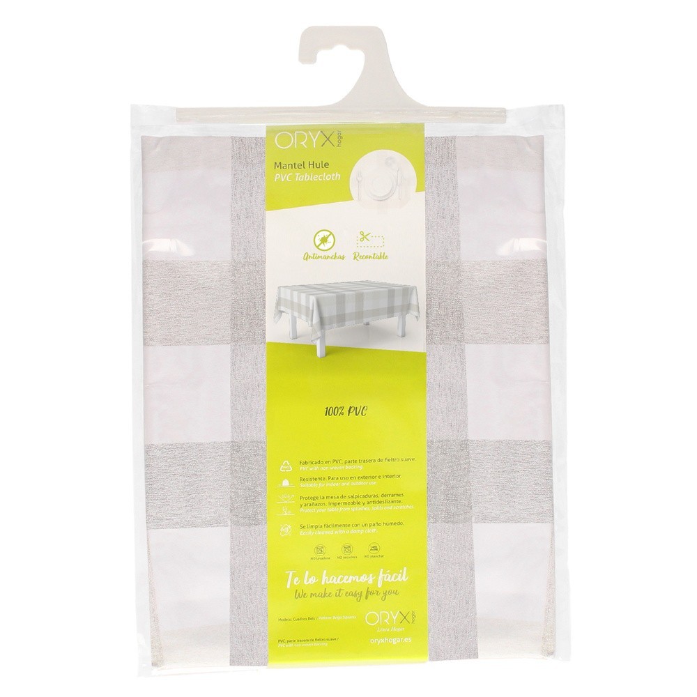 Mantel Hule Rectangular Cuadros Beige Impermeable Antimanchas PVC 140x250 cm,  Recortable Uso Interior y Exterior al por Mayor |