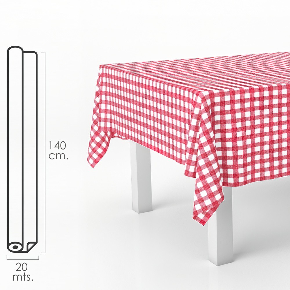 Mantel Hule Rectangular Cuadros Rojos, Impermeable Antimanchas PVC 140 cm, x 20 metros, Rollo Recortable, Interior y Exterior al