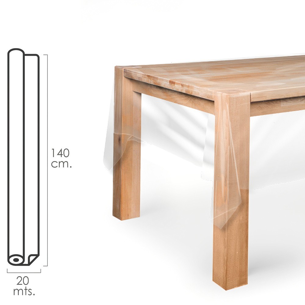 Mantel Hule Rectangular Transparente, Impermeable Antimanchas PVC 140 cm, x 20 metros, Rollo Recortable, Interior y Exterior al 