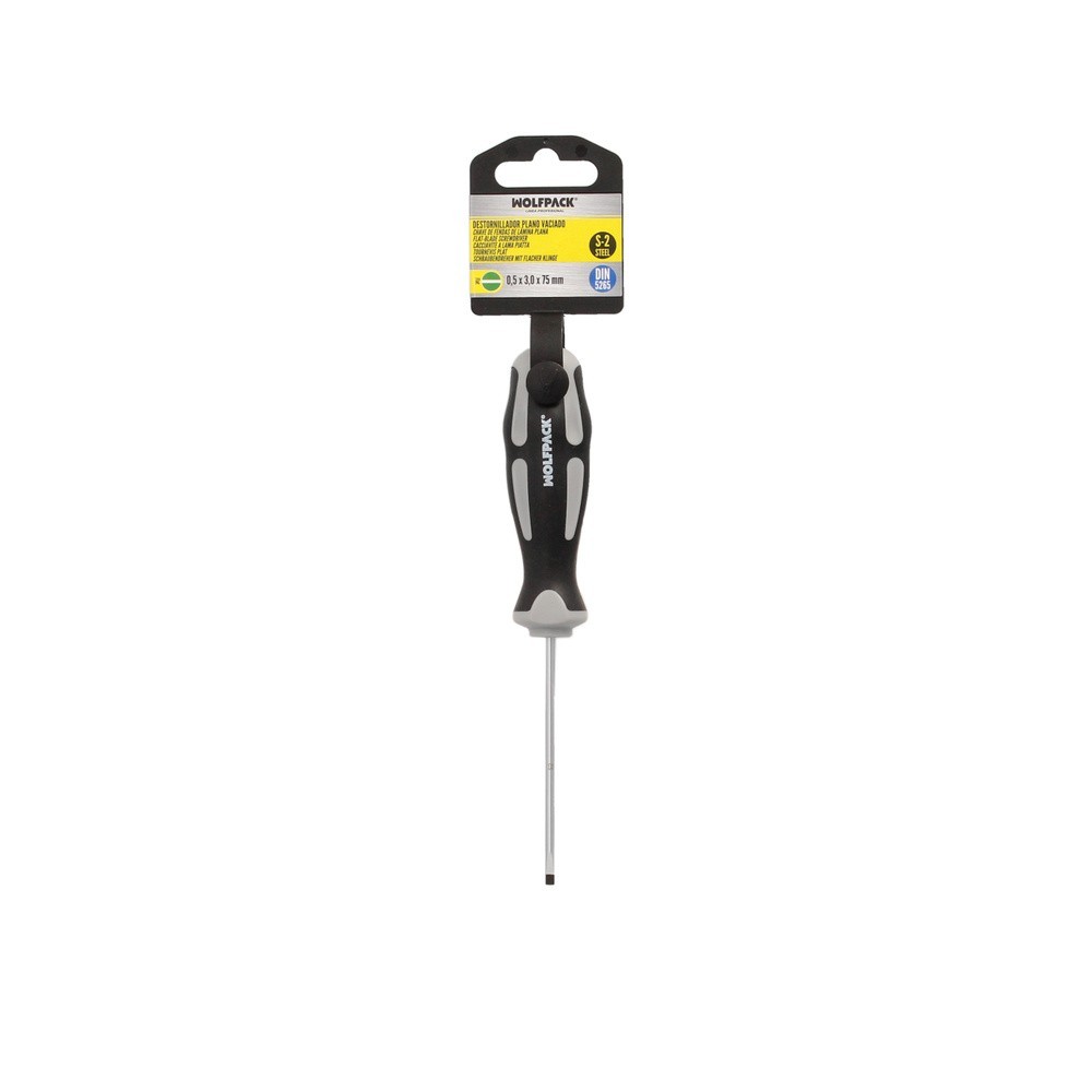 Destornillador Plano Vaciado Acero S2 Mango TPR Bimaterial, Medida 0,5 x Ø 3,0 x 75 mm,  DIN5265 al por Mayor | Almacén de Ferre