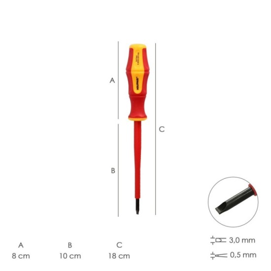 Destornillador Plano Aislado Certificado VDE 1,000 V, Medida 0,5 x Ø 3,0 x 100 mm, Destornillador Seguridad Electricista al por 