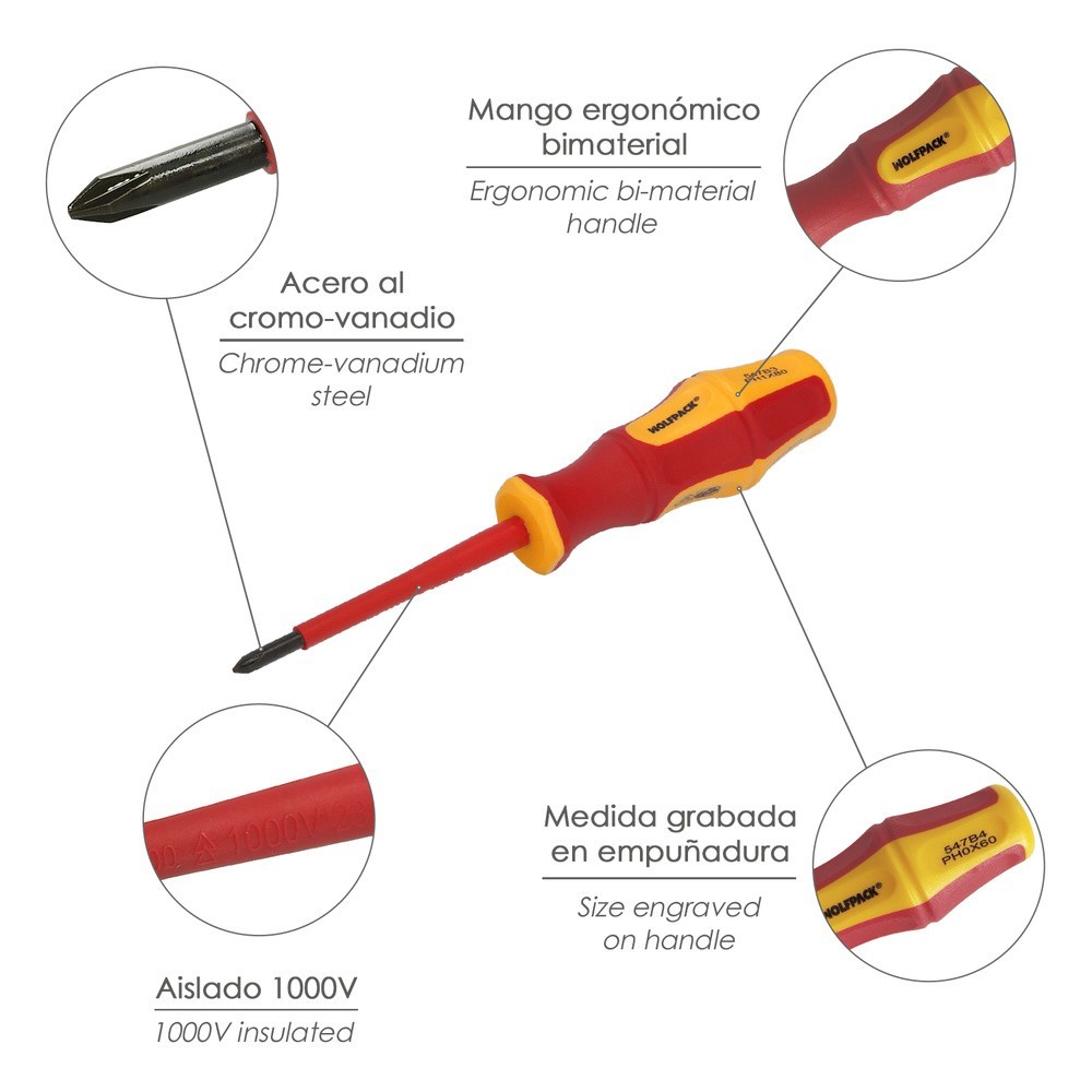 Destornillador Phillips Aislado Certificado VDE 1,000 V, Medida PH 0 - 3,0 x 60 mm, Destornillador Seguridad Electricista al por