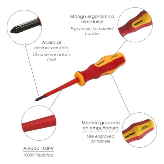 Destornillador Phillips Aislado Certificado VDE 1,000 V, Medida PH 2 - 6,0 x 100 mm, Destornillador Seguridad Electricista al po