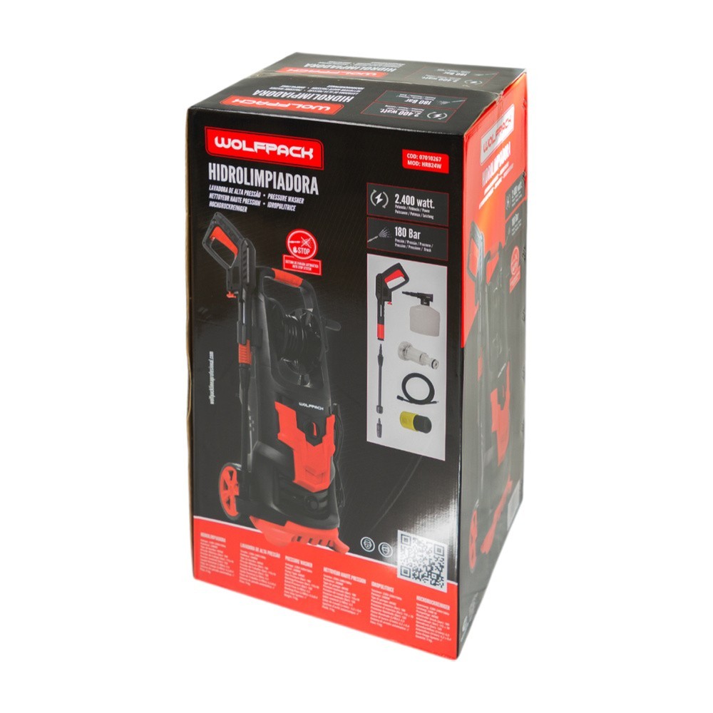 Hidrolimpiadora Alta Presión 180 Bares 2,400 Watt, Con Accesorios 390 Litros / Hora, Limpiadora de Agua Con Deposito Detergente 