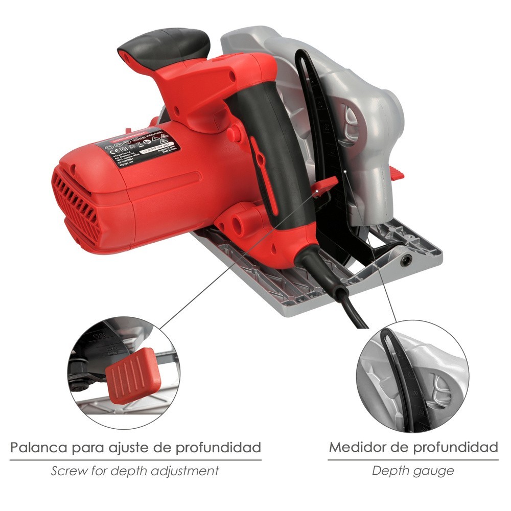 Sierra Circular 1300 Watt, Con Laser Disco 185 mm, 4,700 RPM Corte Inglete Regulador de Profundidad, Ingletadora, Sierra Madera 