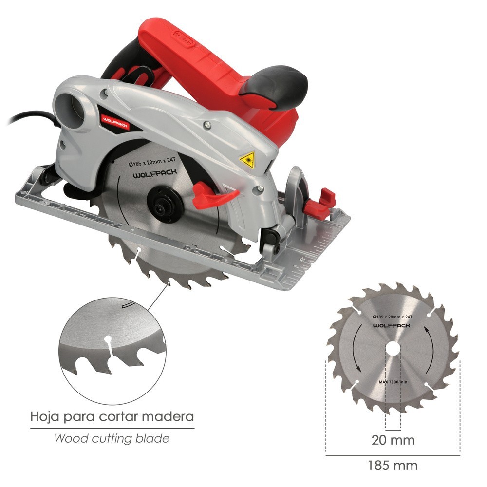 Sierra Circular 1300 Watt, Con Laser Disco 185 mm, 4,700 RPM Corte Inglete Regulador de Profundidad, Ingletadora, Sierra Madera 