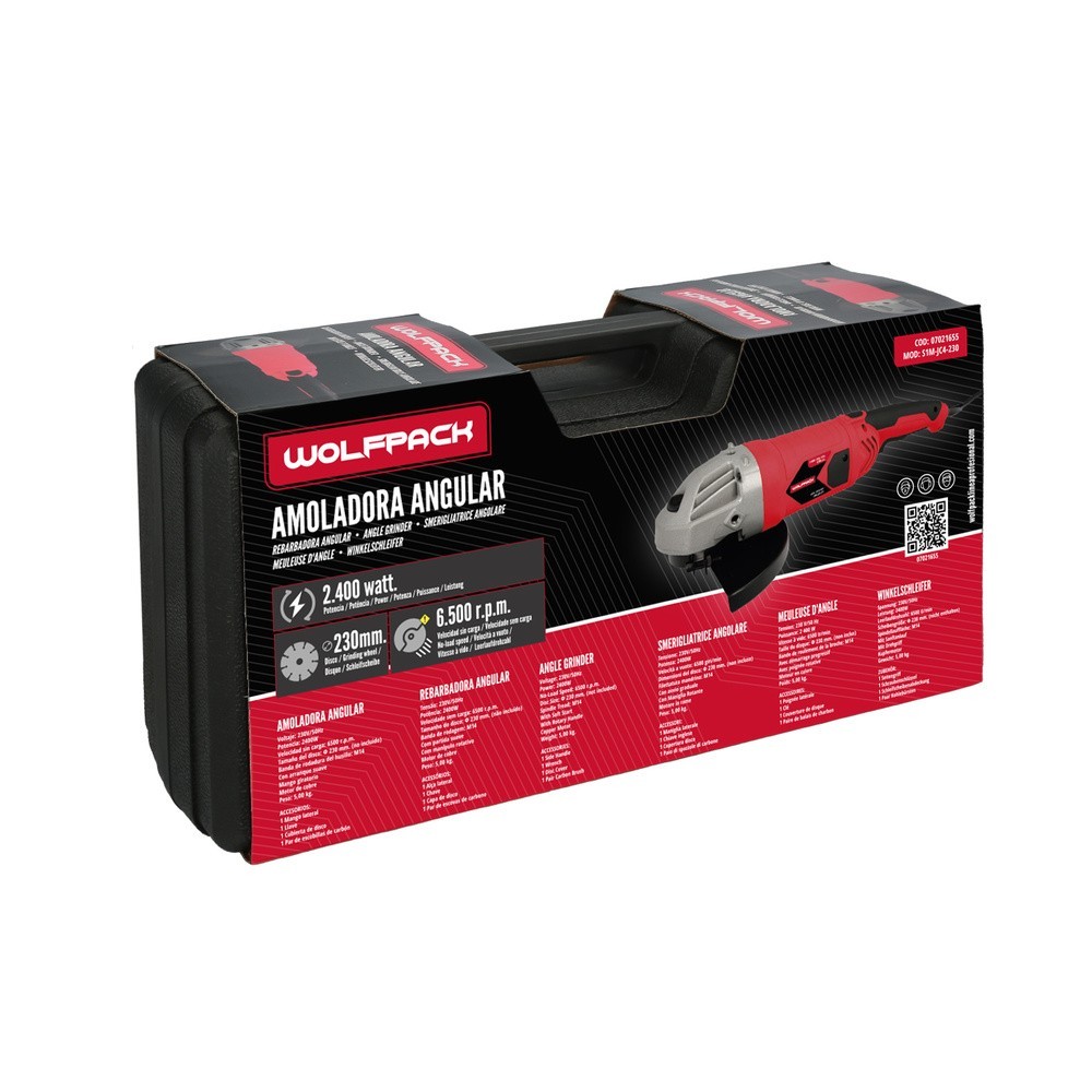 Amoladora Angular 2,400 Watt, Disco Ø 230 mm, 6,500 R,P,M, Mango 3 Posiciones Eje M14 Protector Disco Ajustable, Anti arranque a
