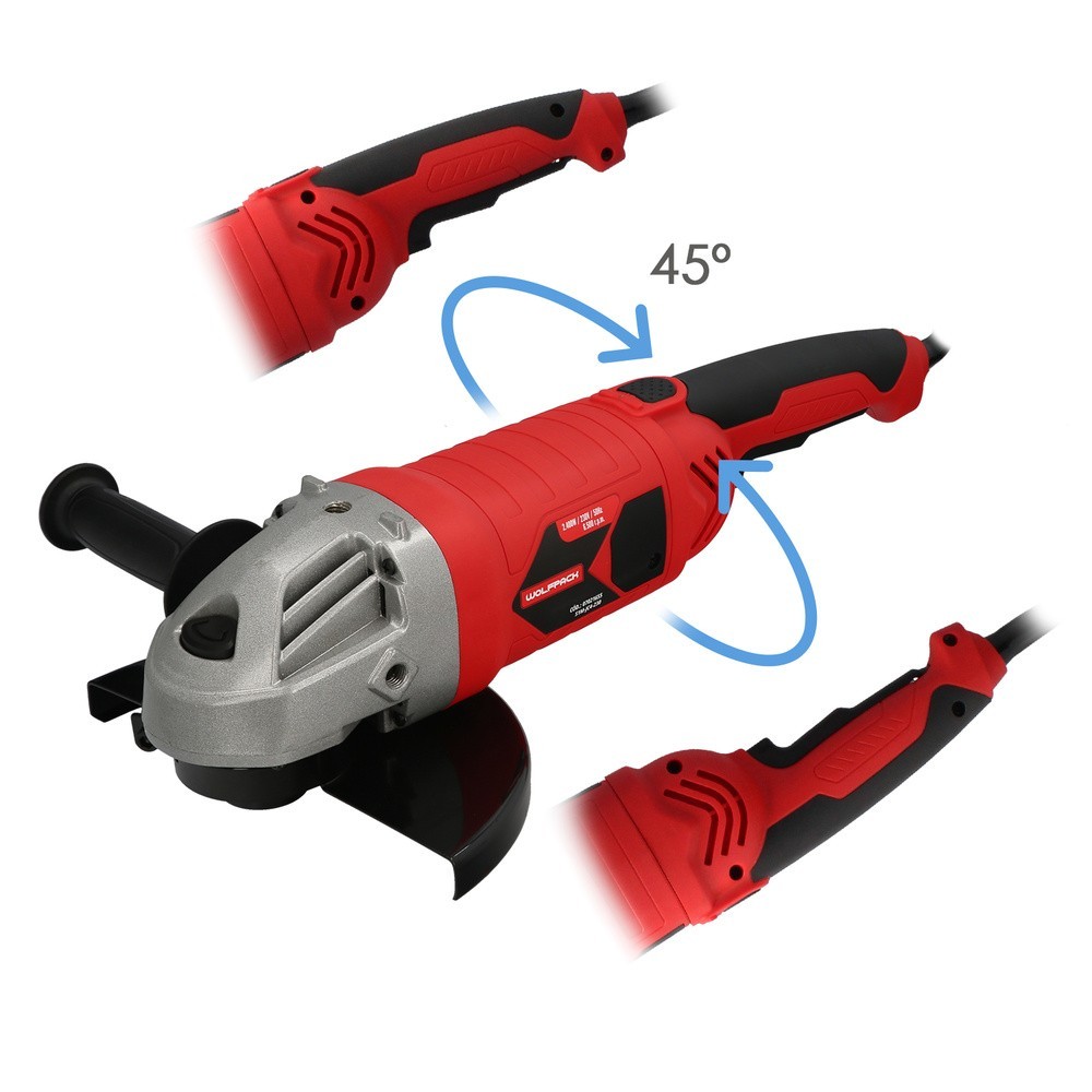 Amoladora Angular 2,400 Watt, Disco Ø 230 mm, 6,500 R,P,M, Mango 3 Posiciones Eje M14 Protector Disco Ajustable, Anti arranque a
