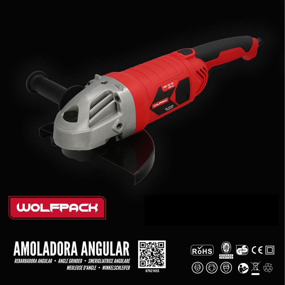Amoladora Angular 2,400 Watt, Disco Ø 230 mm, 6,500 R,P,M, Mango 3 Posiciones Eje M14 Protector Disco Ajustable, Anti arranque a