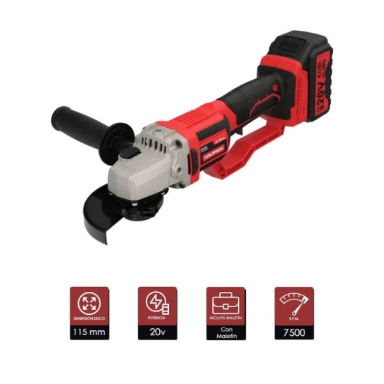Amoladora A Bateria 20 Volt, Con Bateria 4,0 Ah, Ø 115 mm, 7,000 R,P,M, Mango 3 Posiciones Eje M14 Protector Disco Ajustable al 