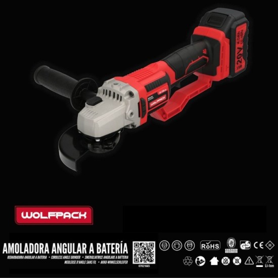 Amoladora A Bateria 20 Volt, Con Bateria 4,0 Ah, Ø 115 mm, 7,000 R,P,M, Mango 3 Posiciones Eje M14 Protector Disco Ajustable al 