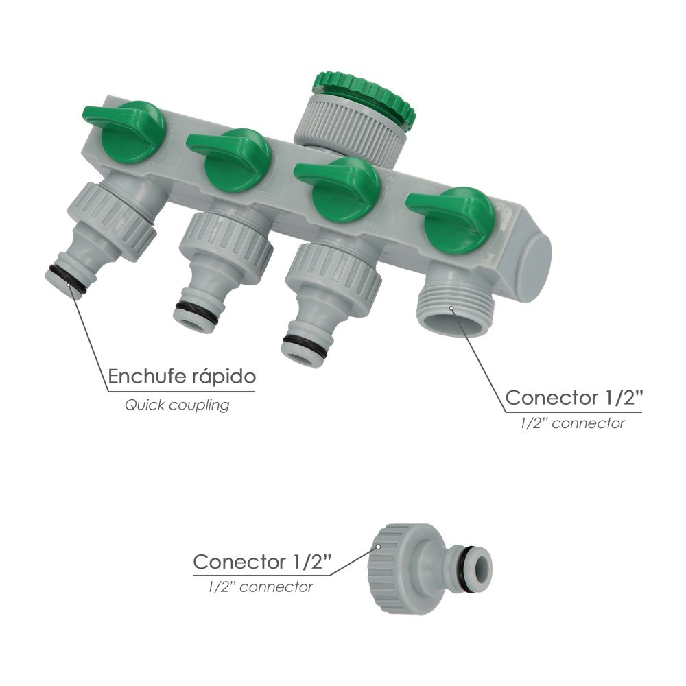 Adaptador Manguera Plastico 3/4" - 1"  4 Vias, Distribuidor 4 vias, Divisor Manguera, Ajuste Independiente, Tomas 1/2+Adaptador 