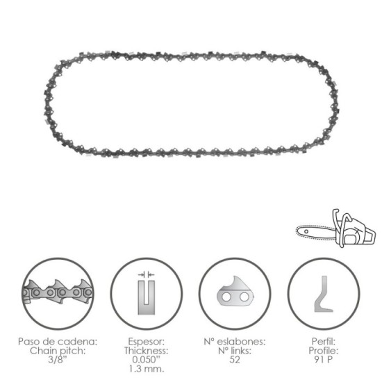 Cadena Motosierra 3/8" / 0,050" 1,3 mm, / 52 Eslabones / 91 P al por Mayor | Almacén de Ferretería
