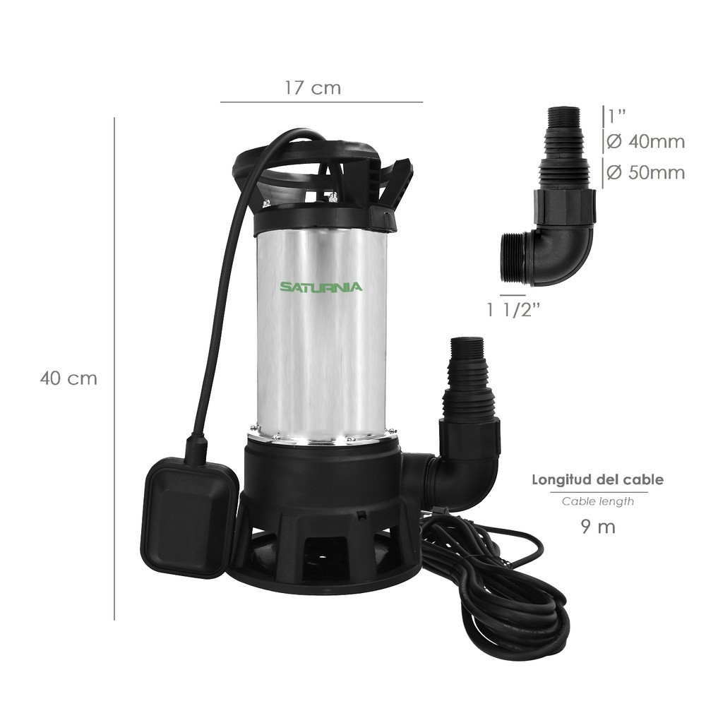 Bomba Aguas Sucias Sumergible Inoxidable 1,300 W, 25,000 lts/hora, Profundidad 7 Mts, Elevación 11 mts, Particulas max, Ø 38 mm,