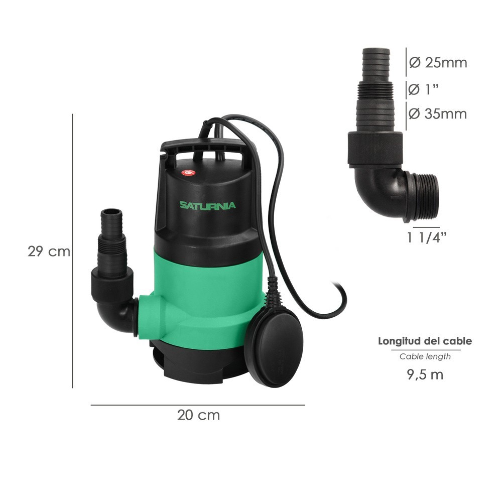 Bomba Aguas Sucias Sumergible 450 W, 8,000 lts/hora, Profundidad 5  Mts, Elevación 5,5 mts, Particulas max, Ø 30 mm, al por Mayo