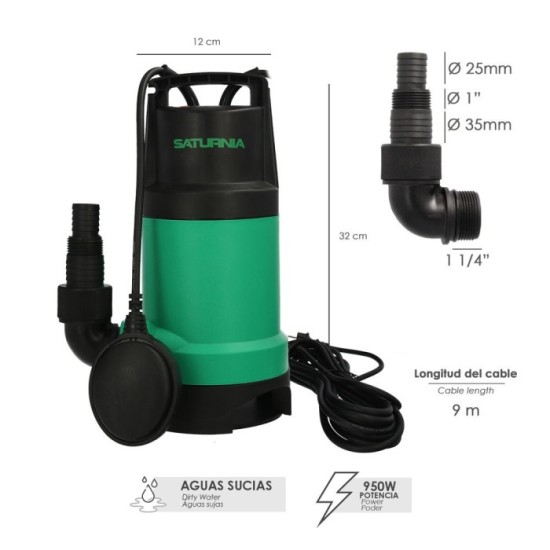 Bomba Aguas Sucias Sumergible 950 W, 14,000 lts/hora, Profundidad 7 Mts, Elevación 10 mts, Particulas max, Ø 30 mm, al por Mayor