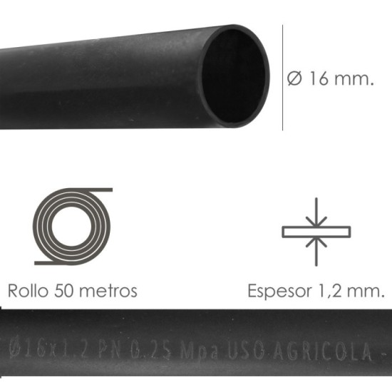 Tuberia De Riego Por Goteo Ø 16 mm, Espesor Tubo 1,2 mm, Uso Agricola 50 Metros al por Mayor | Almacén de Ferretería