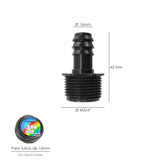 Union Rosca Macho 3/4" A Toma Para Tuberias Goteo Ø 16 mm, (Bolsa 100 uds) Riego Por Goteo, Microaspersión, Riego Nebulizacion a