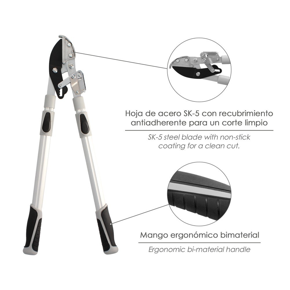 Tijeras Podar 2 Manos Yunque, Telescopica de 68 a 95 cm, Mango Aluminio Multiplicador Fuerza, Corte Ø 35 mm, Empuñadura TPR al p