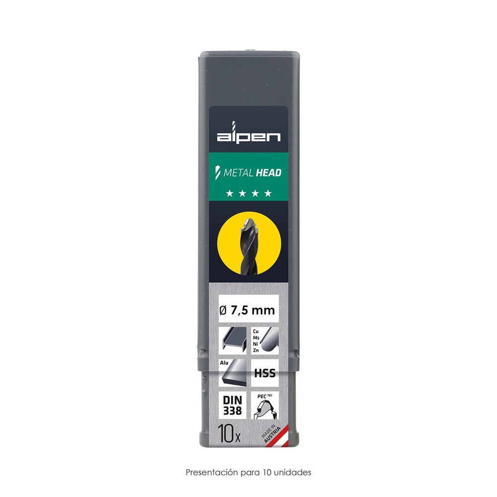 Broca Alpen Hss Metal Head Ø 7,50 mm, Tecnologia PEC 3 Filos Corte, Antideslizante, Vastago 3 Caras, Mas Rapida, Menor Esfuerzo 