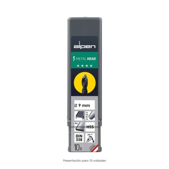 Broca Alpen Hss Metal Head Ø 9,00 mm, Tecnologia PEC 3 Filos Corte, Antideslizante, Vastago 3 Caras, Mas Rapida, Menor Esfuerzo 