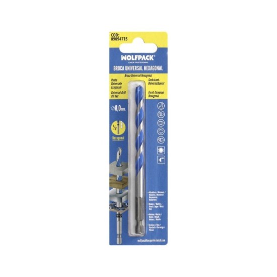 Broca Universal Hexagonal  Ø 8,0 mm, (Blister 1 Pieza) Broca Azulejos, Cerámica, Mármol, Hormigón, Metal, Madera, Plástico al po