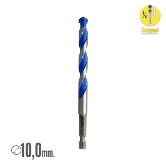 Broca Universal Hexagonal  Ø 10,0 mm, (Blister 1 Pieza) Broca Azulejos, Cerámica, Mármol, Hormigón, Metal, Madera, Plástico al p
