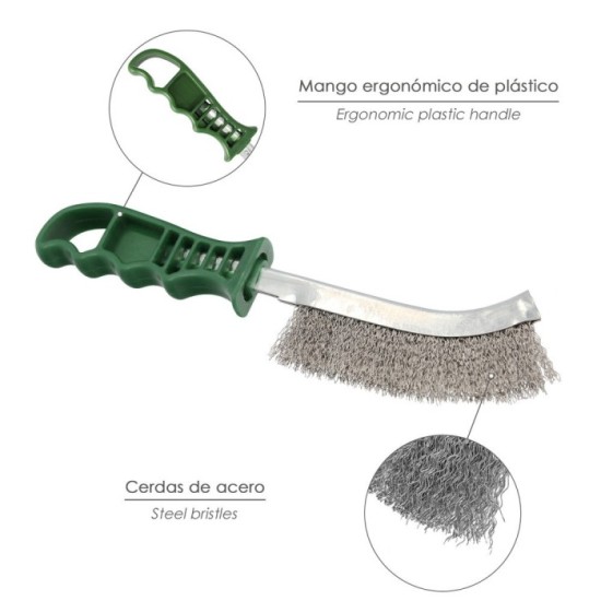 Cepillo Acero Inoxidable Mango Verde 25 cm, Cepillo Eliminación Oxido, Pintura, Pulido De Metales, al por Mayor | Almacén de Fer