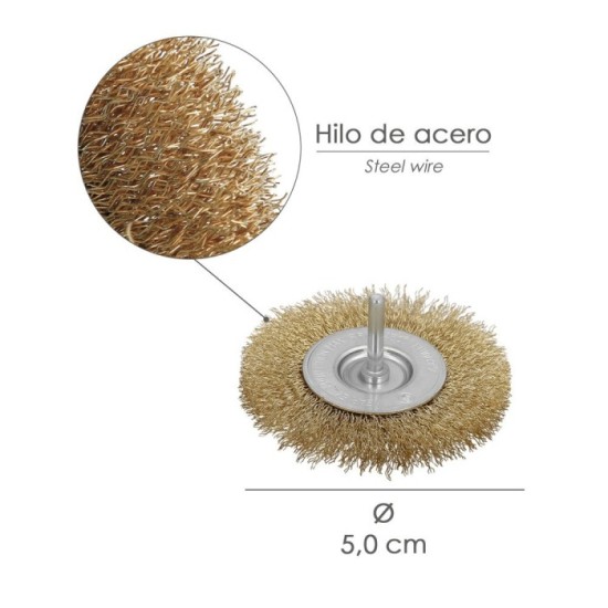 Cepillo Acero Latonado Para Taladro, Disco Ø 50 mm, Espiga 1/4" Cepillo Taladro Alambre Latón, Cepillo Limpieza, Cepillo Pulir, 