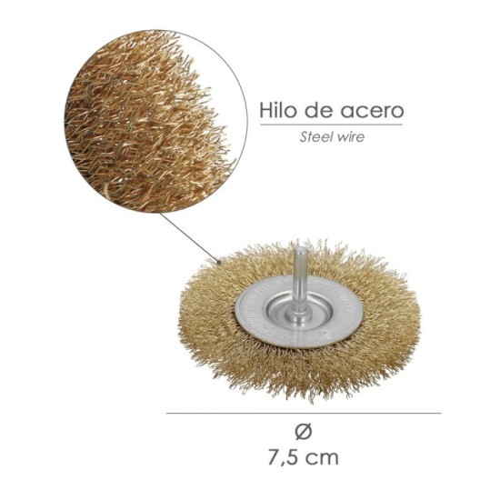 Cepillo Acero Latonado Para Taladro, Disco Ø 75 mm, Espiga 1/4" Cepillo Taladro Alambre Latón, Cepillo Limpieza, Cepillo Pulir, 
