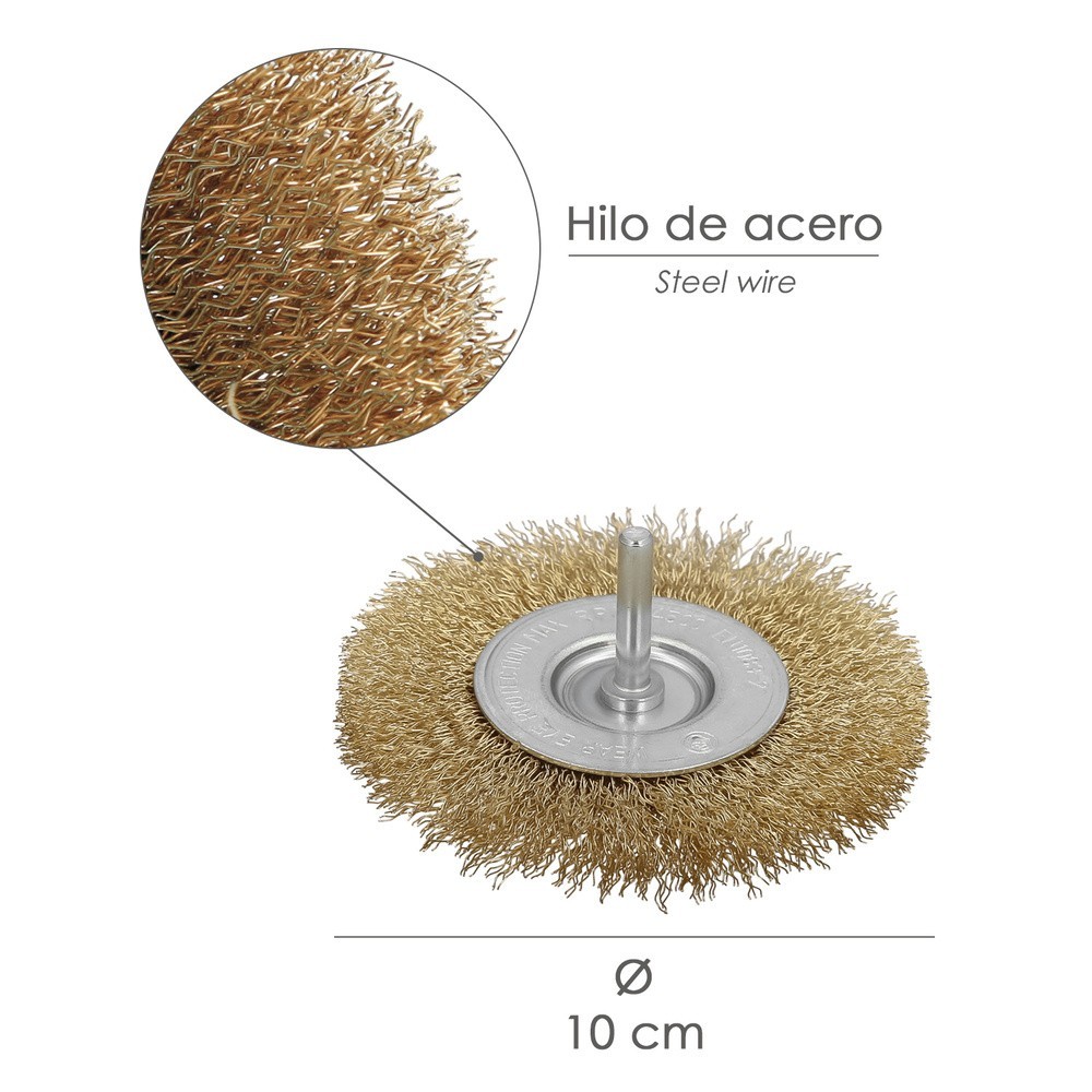 Cepillo Acero Latonado Para Taladro, Disco Ø 100 mm, Espiga 1/4" Cepillo Taladro Alambre Latón, Cepillo Limpieza, Cepillo Pulir,