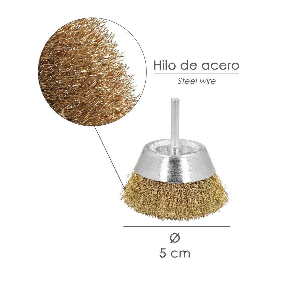 Cepillo Acero Latonado Para Taladro Taza Ø 50 mm, Espiga 1/4" Cepillo Taladro Alambre Latón, Cepillo Limpieza, Cepillo Pulir, al