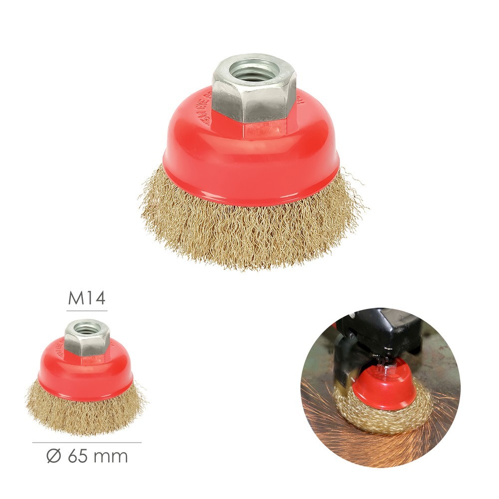 Cepillo Taza Con Alambre De Acero Latonado Rosca M14, Ø 65 mm, Alambre de Ø 0,30 mm, al por Mayor | Almacén de Ferretería