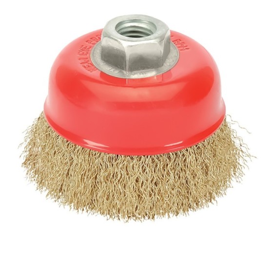 Cepillo Taza Con Alambre De Acero Latonado Rosca M14, Ø 120 mm, Alambre de Ø 0,30 mm, al por Mayor | Almacén de Ferretería