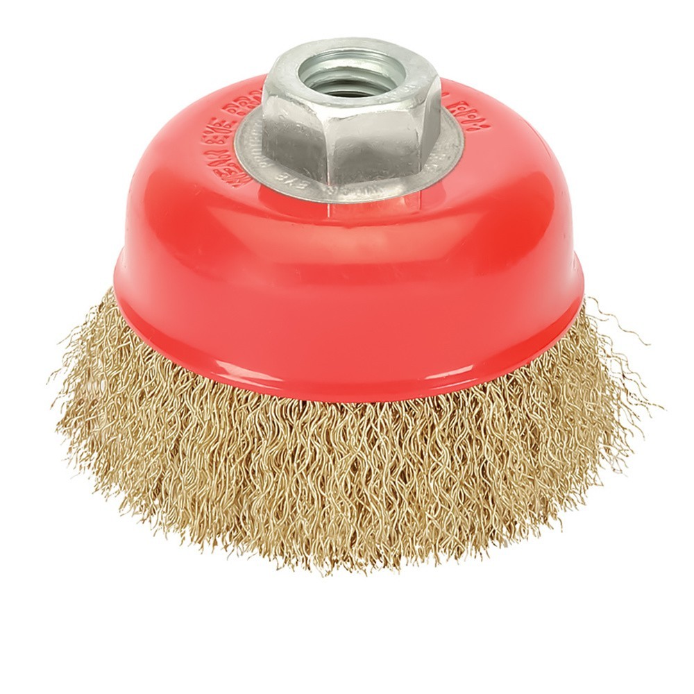 Cepillo Taza Con Alambre De Acero Latonado Rosca M14, Ø 120 mm, Alambre de Ø 0,30 mm, al por Mayor | Almacén de Ferretería