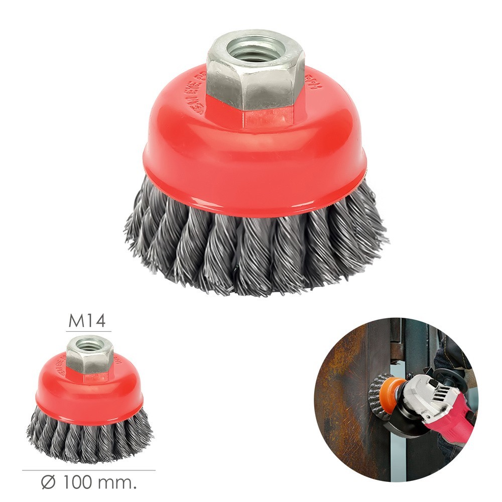 Cepillo Taza Con Alambre De Acero Trenzado Rosca M14, Ø 100 mm, Alambre de Ø 0,50 mm, al por Mayor | Almacén de Ferretería