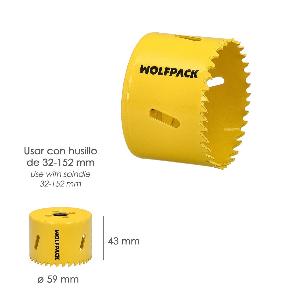 Corona Sierra Bimetal Ø 59 mm, Templado Termico, Base Reforzada, Corona Madera, Broca Agujeros Madera, Acero, Hierro, Plasticos 